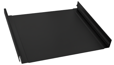 Black metal tray with raised edges on three sides.