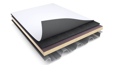 3D illustration of a multi-layered roofing or insulation panel with a white top layer, black middle layers, a beige layer, and a corrugated metal bottom layer.