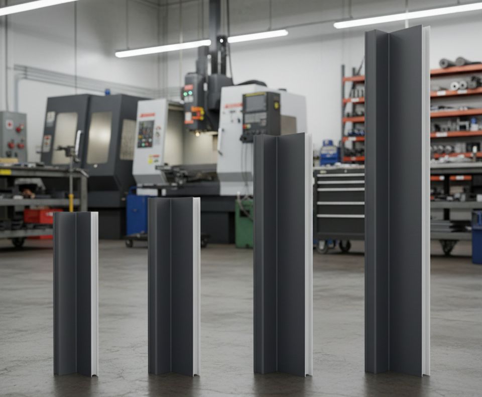 Four vertically standing steel I-beams of varying heights arranged in ascending order inside a manufacturing workshop.