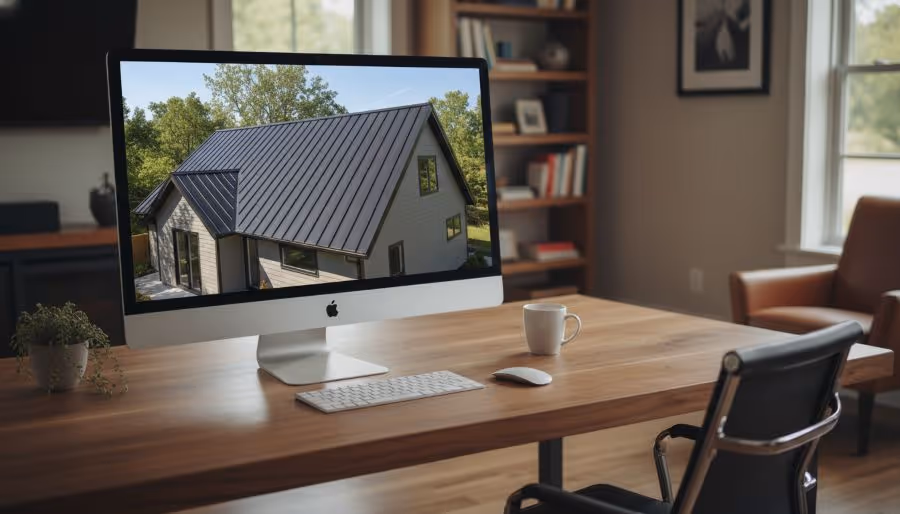 Modern office desk with an iMac displaying a house with a metal roof, a keyboard, mouse, coffee cup, and plant, in a cozy room with bookshelves and armchairs.