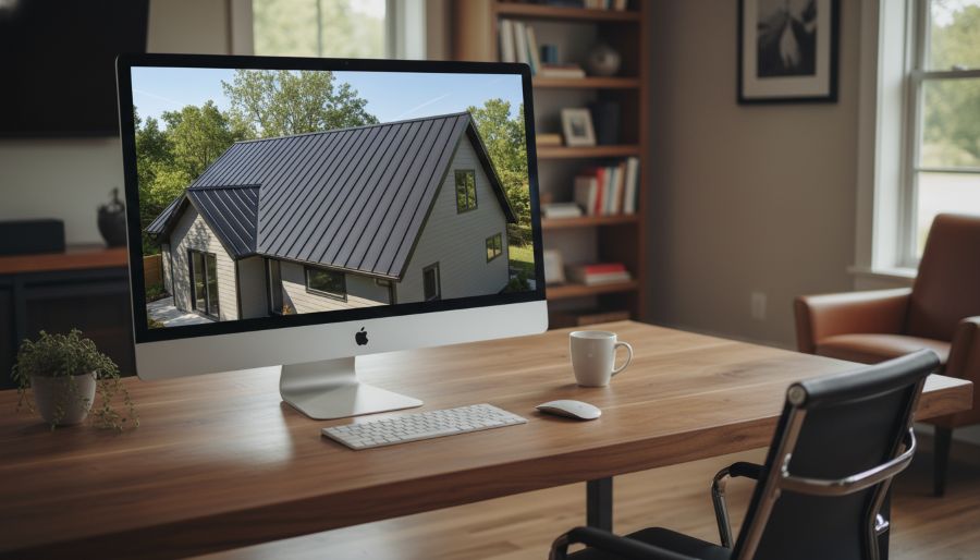 Modern office desk with an iMac displaying a house with a metal roof, a keyboard, mouse, coffee cup, and plant, in a cozy room with bookshelves and armchairs.