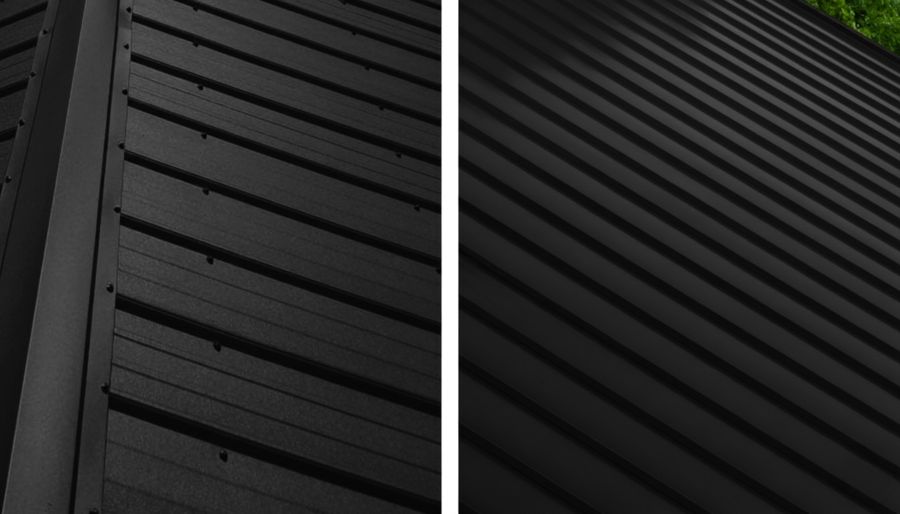 Side-by-side close-up of black metal panels with horizontal ridges, one with visible screws and the other with a smooth, ribbed surface.