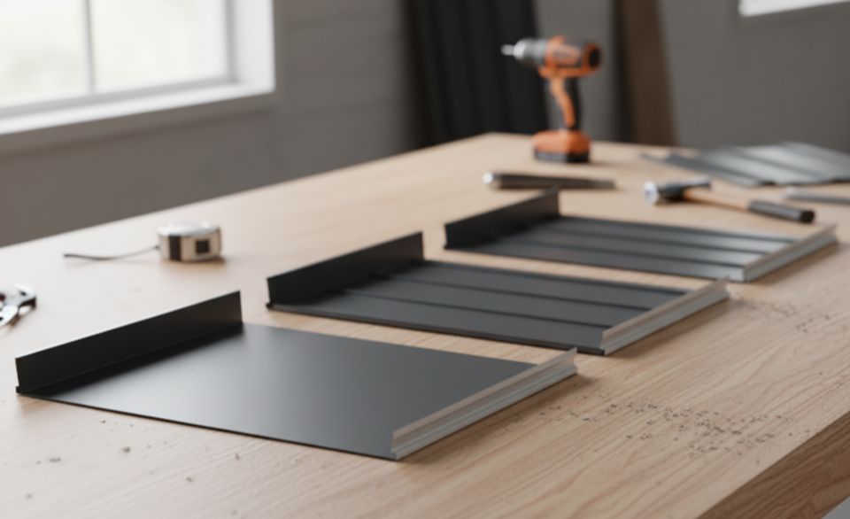 Four gray metal roofing panels laid out on a wooden workbench with a tape measure, hammer, and orange cordless drill in the background.