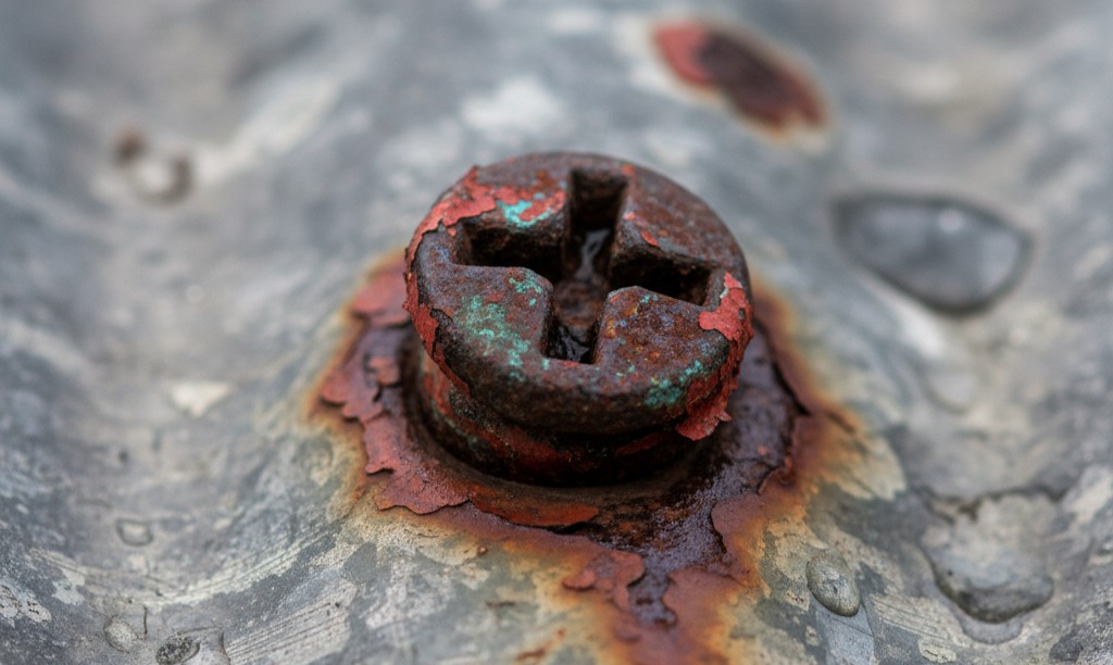 Close-up of a rusty, weathered screw embedded in a corroded metal surface.