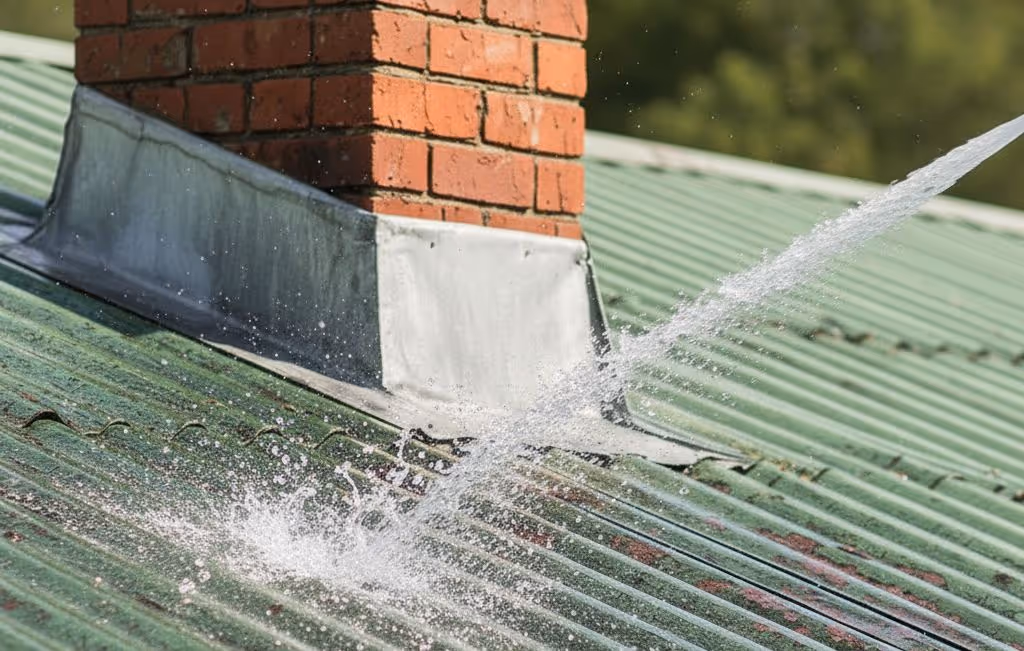 Water spray hitting a green corrugated metal roof near a brick chimney with metal flashing.