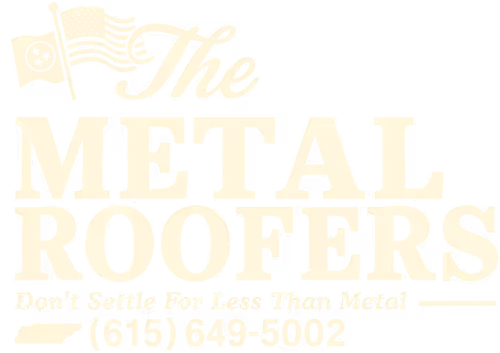 Logo for The Metal Roofers with an American flag icon above the text and the slogan 'Don't Settle For Less Than Metal' with a phone number (615) 649-5002.