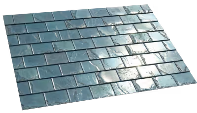 Glossy blue metal shingles arranged in staggered rows with a reflective surface.