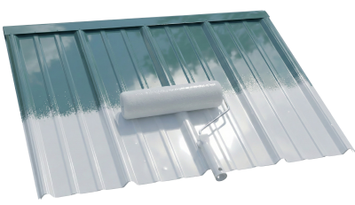 Metal roofing sheet partially painted green with a white paint roller on it.