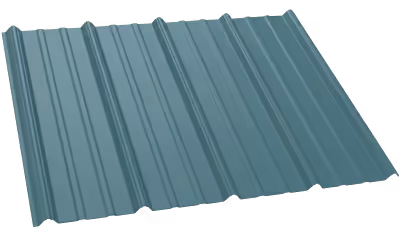 Blue corrugated metal roofing sheet with raised ridges.