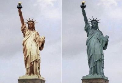 Side-by-side images of the Statue of Liberty, showing its original copper color on the left and its green patina after weathering on the right.