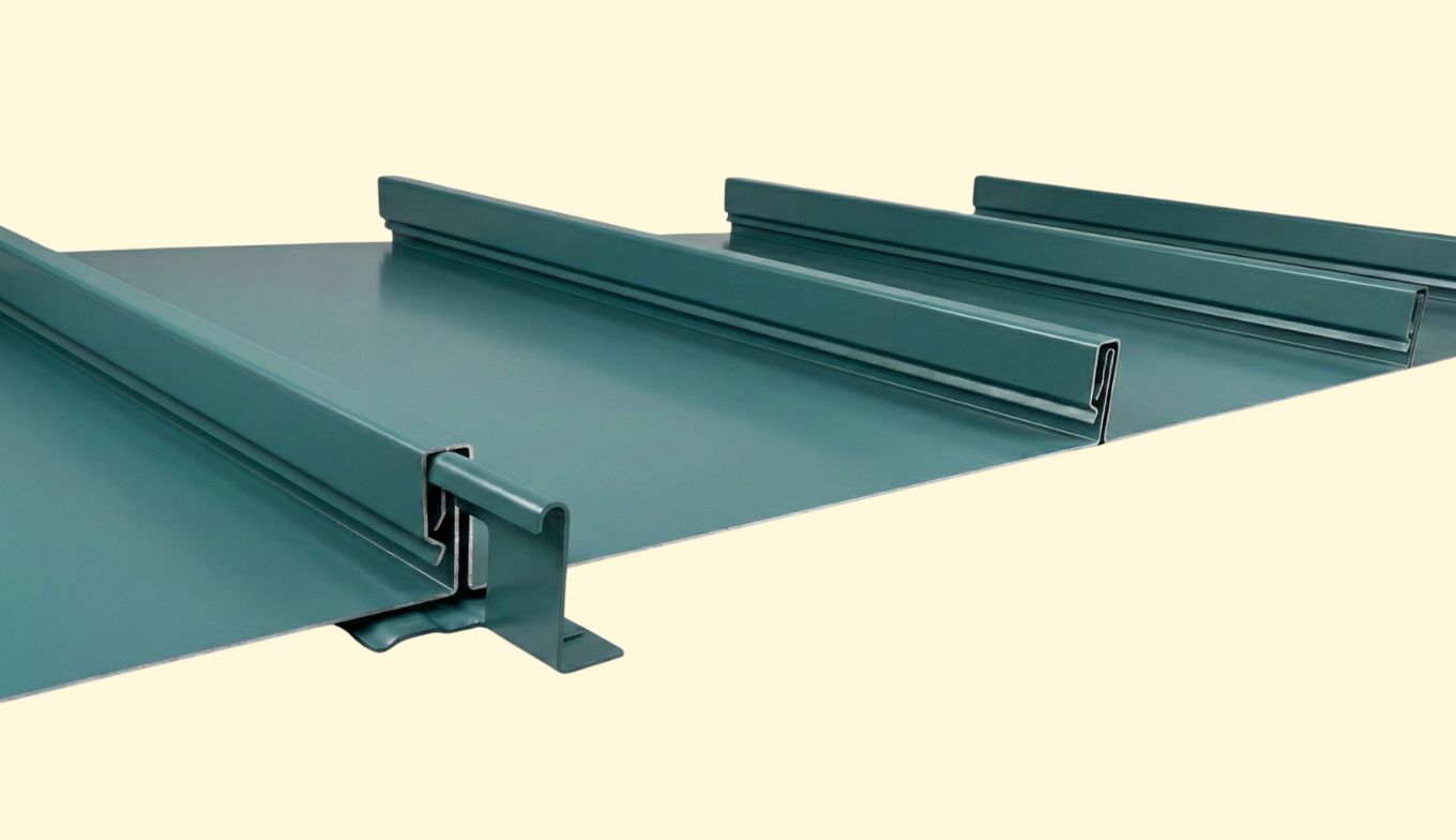 Close-up of green standing seam metal roofing panel with interlocking raised seams.