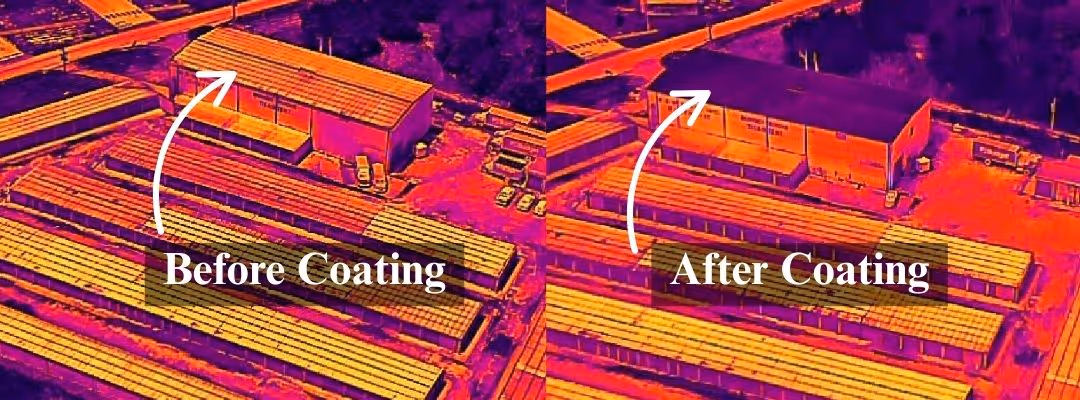 Side-by-side thermal images showing a building's roof before and after coating, with the after image exhibiting cooler roof temperatures.