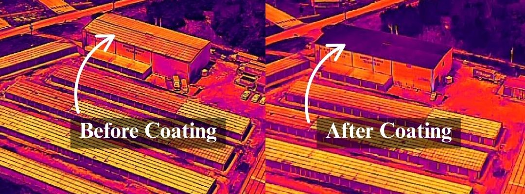 Side-by-side thermal images showing a building's roof before and after coating, with the after image exhibiting cooler roof temperatures.