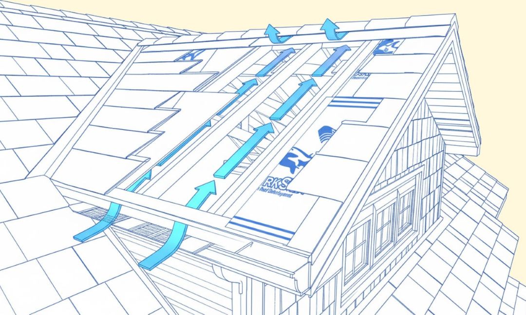 3D schematic of roof ventilation showing airflow arrows moving upward through roof layers and out the ridge vent.