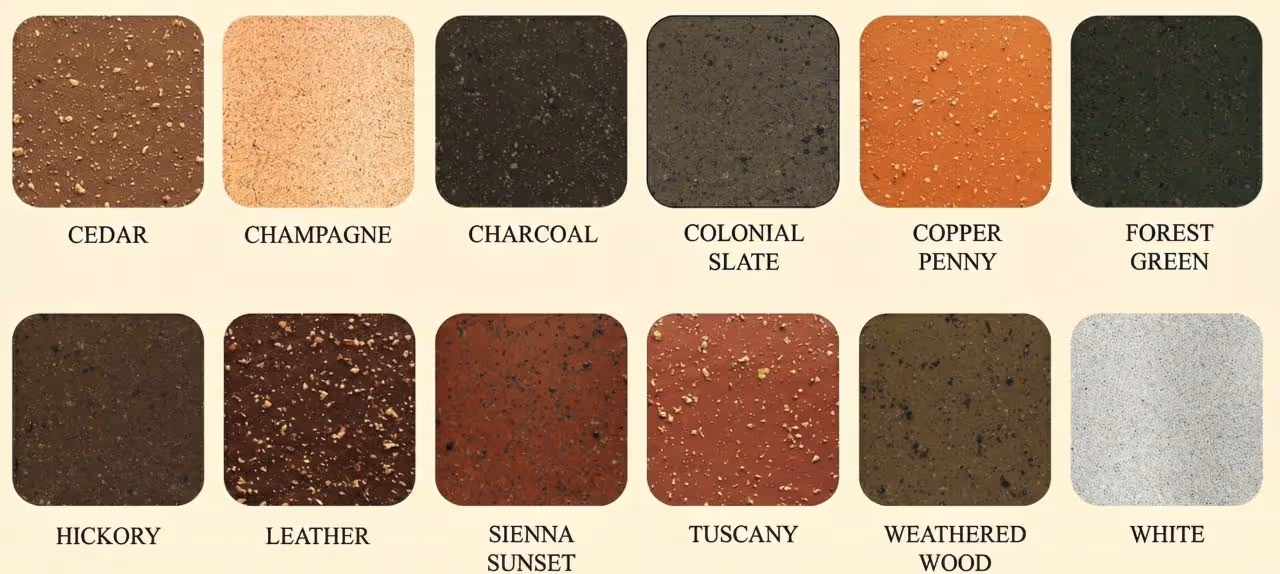Twelve textured color swatches labeled cedar, champagne, charcoal, colonial slate, copper penny, forest green, hickory, leather, sienna sunset, tuscany, weathered wood, and white.