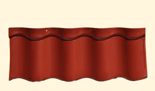 Red clay roof tile with a wavy pattern and two mounting holes.