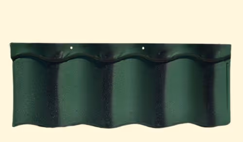 Green metal roof tile panel with a wavy corrugated design.