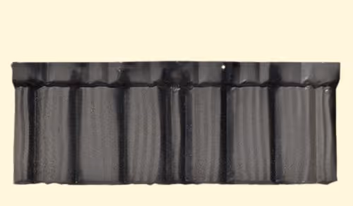 Single dark gray metal roofing sheet with a wavy profile on a light background.