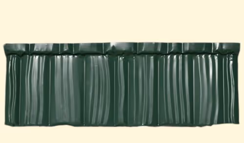 Dark green corrugated metal roofing sheet with a wavy pattern on a light background.