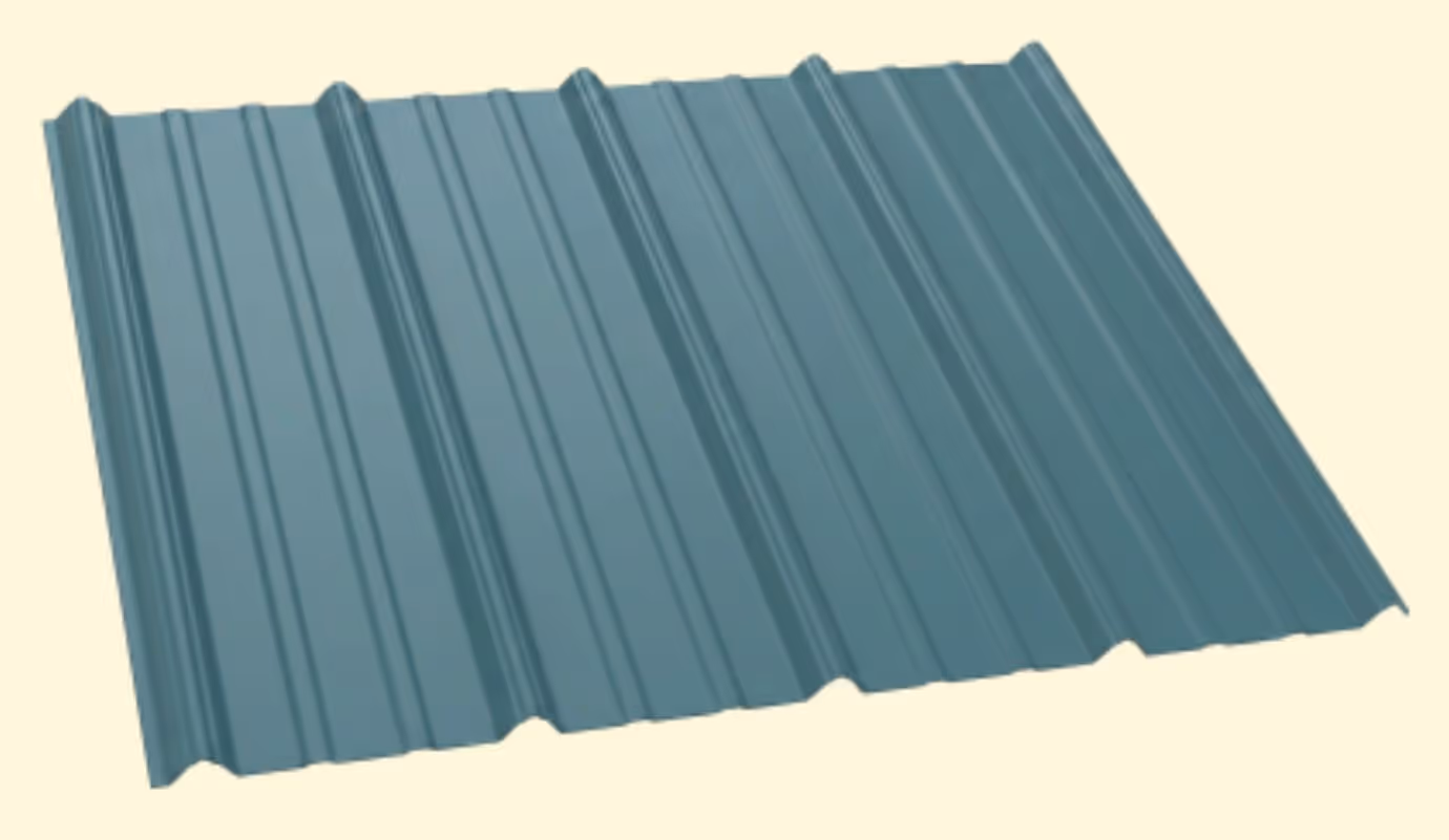 Blue corrugated metal roofing sheet with multiple raised ridges.