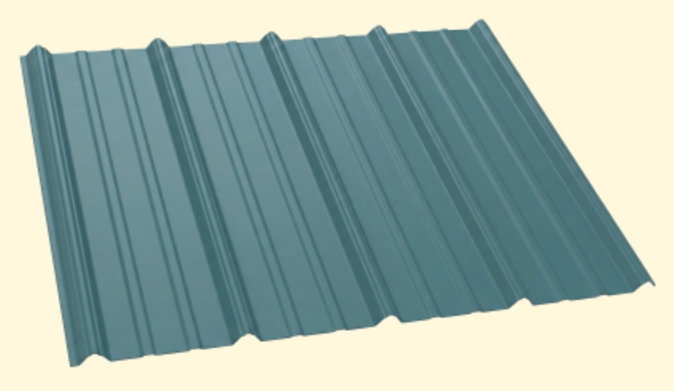 Blue corrugated metal roofing sheet with multiple raised ridges.
