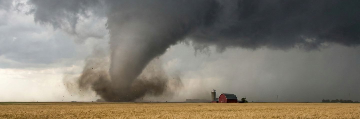 Large tornado touching down in a golden wheat field near a red barn under dark stormy skies.