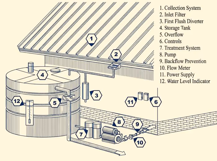 Diagram of a rainwater harvesting system showing roof collection, inlet filter, first flush diverter, storage tank, overflow, controls, treatment system, pump, backflow prevention, flow meter, power supply, and water level indicator.