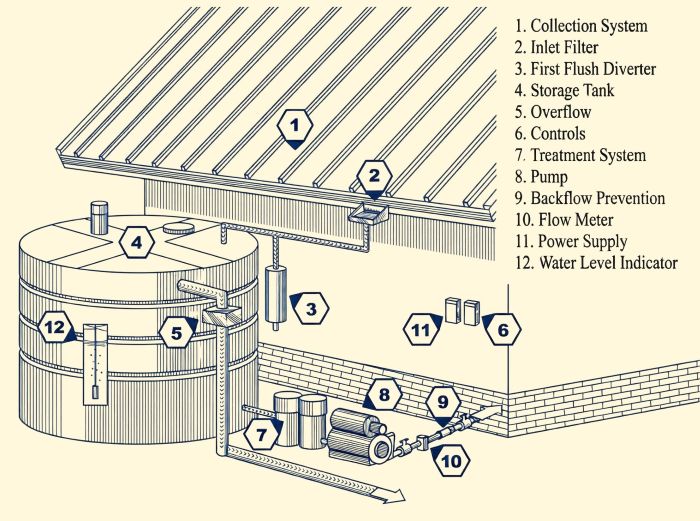 Diagram of a rainwater harvesting system showing roof collection, inlet filter, first flush diverter, storage tank, overflow, controls, treatment system, pump, backflow prevention, flow meter, power supply, and water level indicator.