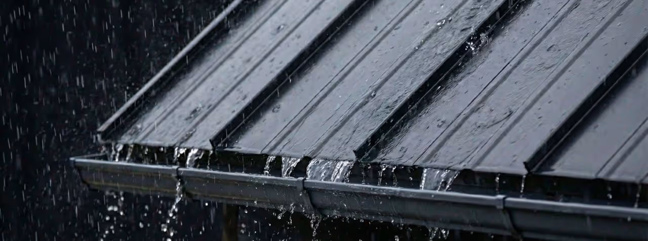 Rainwater overflowing and dripping from a metal roof gutter during heavy rainfall.