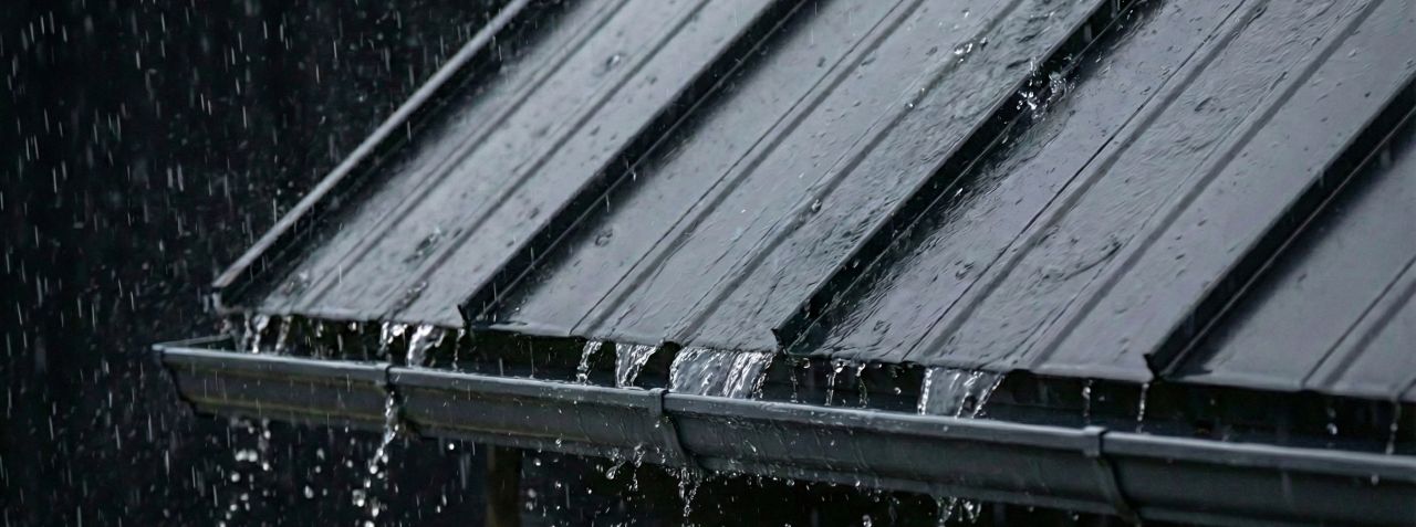 Rainwater overflowing and dripping from a metal roof gutter during heavy rainfall.