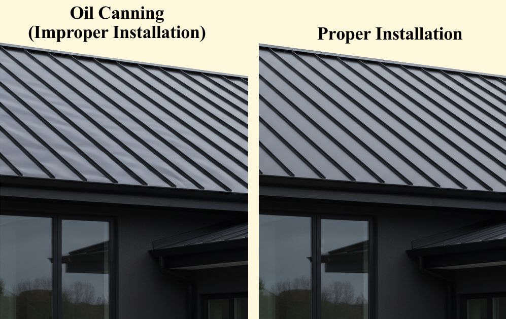 Side-by-side comparison of a metal roof with oil canning due to improper installation and a smooth, properly installed metal roof.