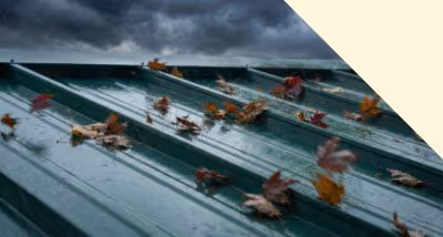 Wet metal roof panels with scattered autumn leaves under a cloudy, stormy sky.