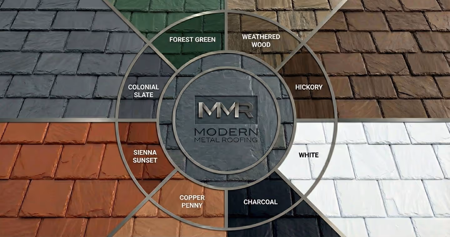 Roof shingle color samples arranged in a circle with labels: Forest Green, Weathered Wood, Hickory, White, Charcoal, Copper Penny, Sienna Sunset, and Colonial Slate surrounding Modern Metal Roofing logo in the center.