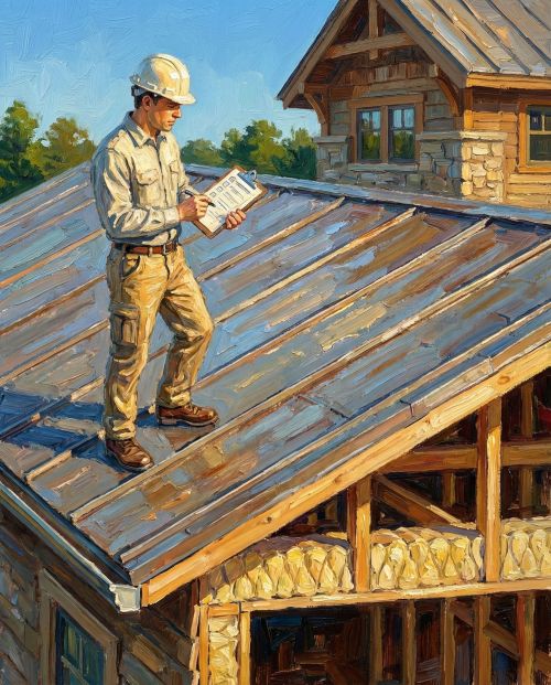 Construction worker wearing a helmet and holding a clipboard standing on a metal roof of a wooden house under construction.
