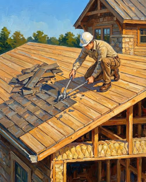 Construction worker in a white hard hat cutting wooden shingles on a rooftop with large bolt cutters.
