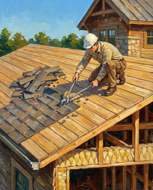 Construction worker in a white hard hat cutting wooden shingles on a rooftop with large bolt cutters.