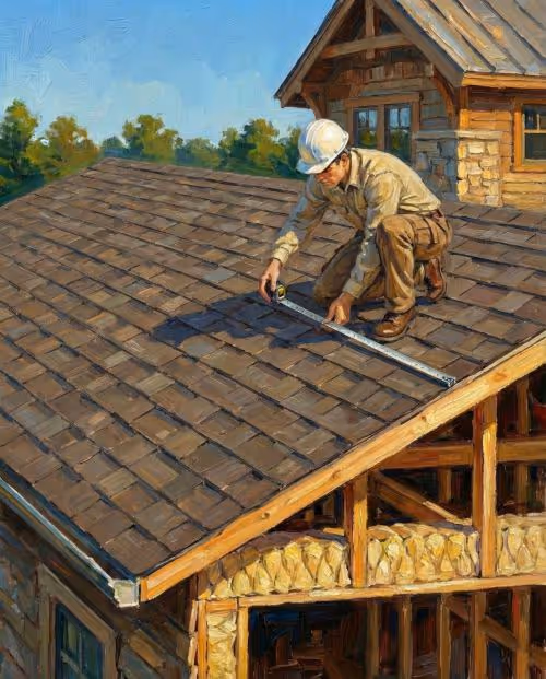 Worker wearing a white hard hat measuring shingles on a house roof with a tape measure.