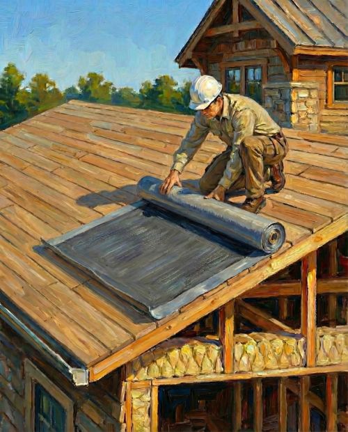 Painterly image of a construction worker in a hard hat rolling out roofing material on a wooden roof of a rustic house.