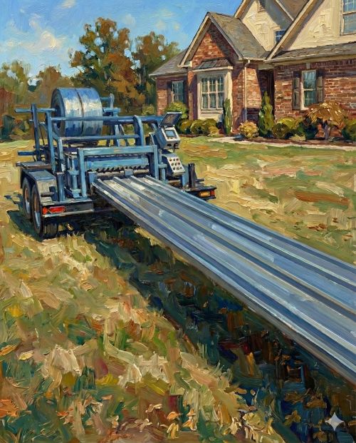 Oil painting of a blue metal machine with long, flat beams on a grassy yard in front of a brick house on a sunny day.
