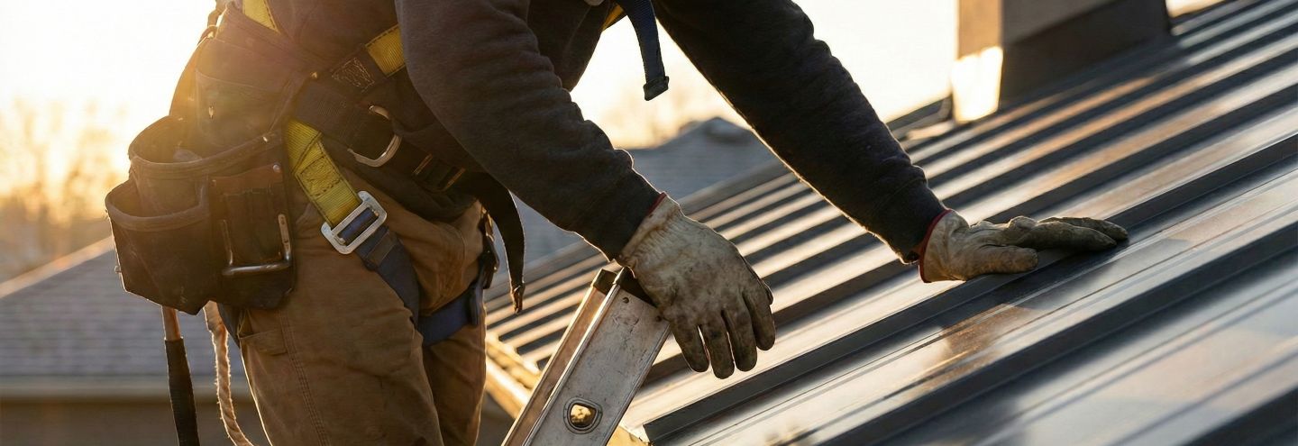 Construction worker wearing gloves and a safety harness working on a metal roof at sunset.