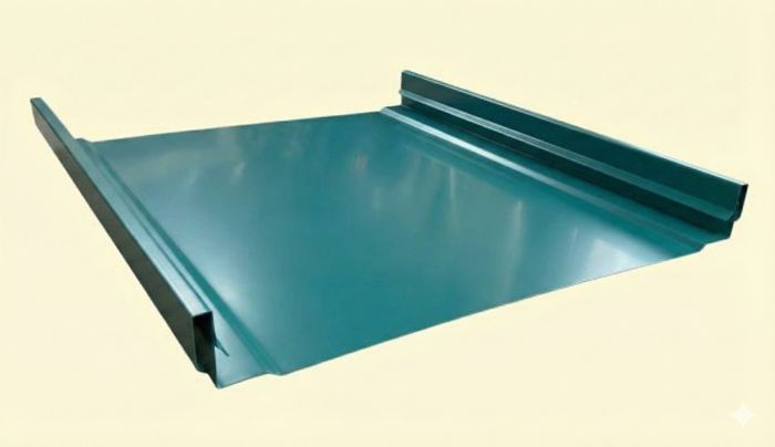 Green metal standing seam roofing panel with raised edges.