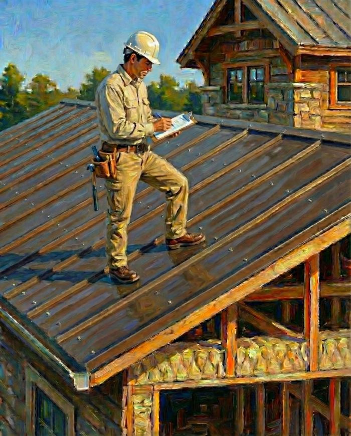 Painterly image of a construction worker wearing a hard hat and tool belt, standing on a metal roof while writing on a clipboard next to a stone and wood cabin.