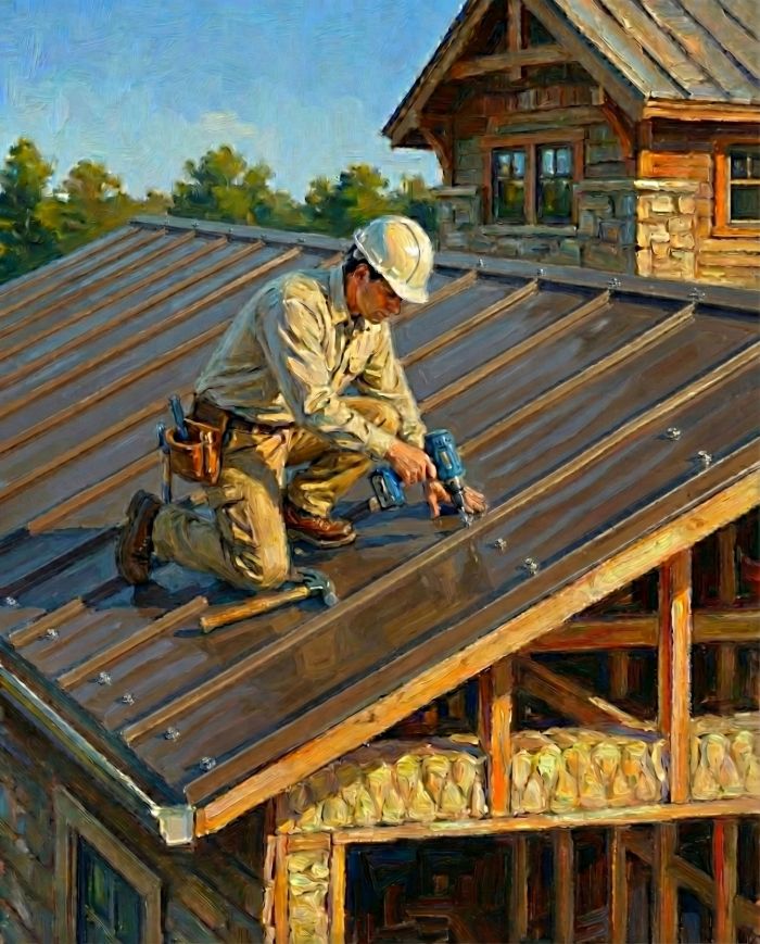 Painterly image of a construction worker in a hard hat kneeling on a metal roof using a power drill during house construction.
