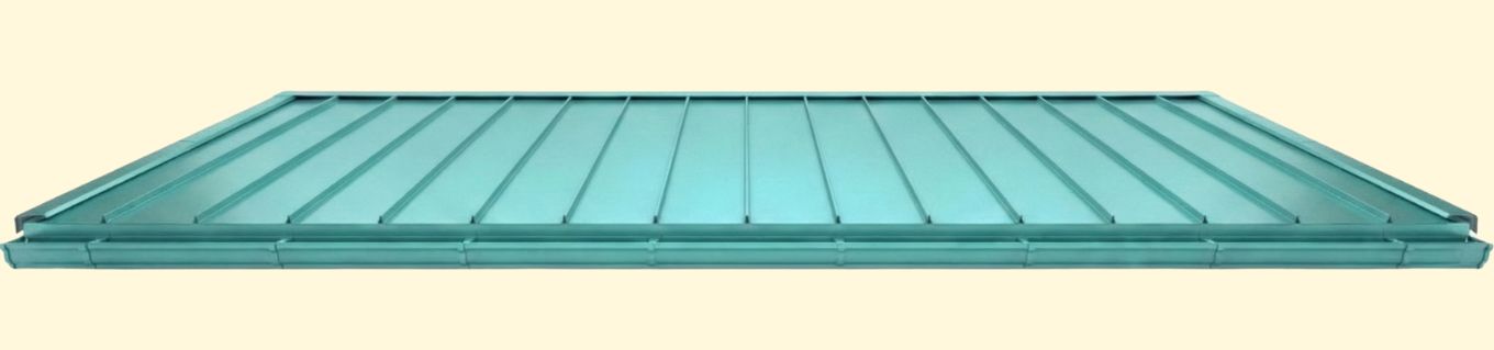 Rectangular teal metal roof panel with raised seams and attached gutter.
