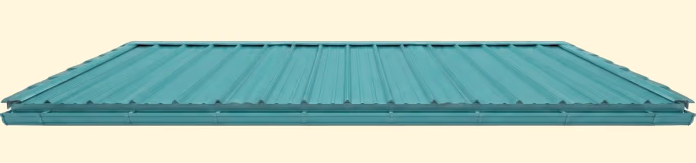 Rectangular teal metal roofing panel with vertical ridges on a beige background.