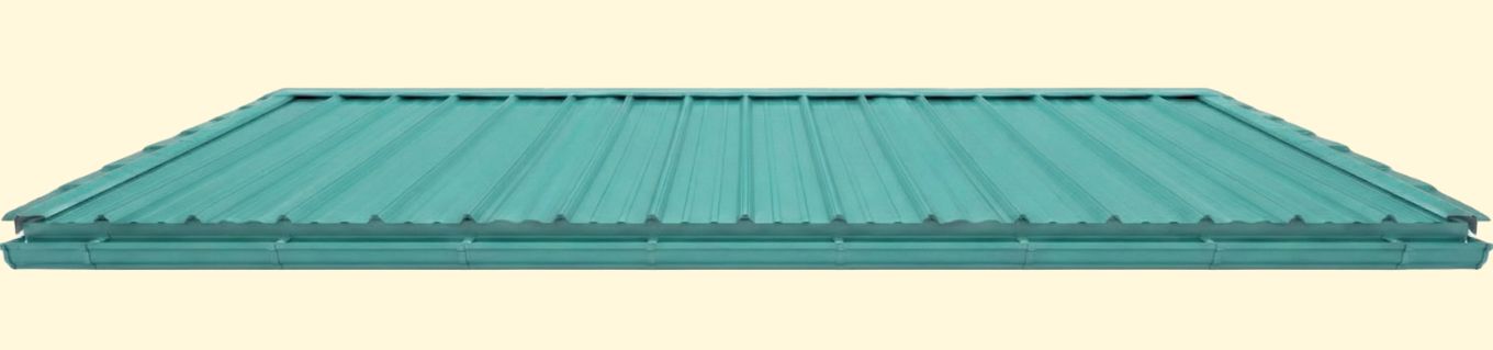 Rectangular teal metal roofing panel with vertical ridges on a beige background.