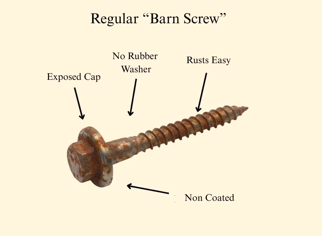 Rusty regular barn screw with labeled arrows pointing to exposed cap, no rubber washer, rusts easily, and non-coated surface.