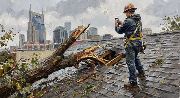 Construction worker wearing a safety harness standing on a roof, photographing a large tree that has fallen and broken through the roof against a city skyline backdrop.