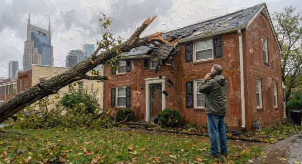 Fallen tree leaning against a damaged brick house with a man standing nearby on a cloudy day.