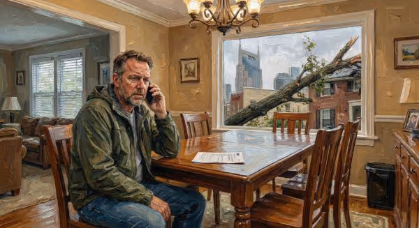Man in a green jacket sitting at a dining table, talking on the phone, with a large fallen tree visible outside the window.